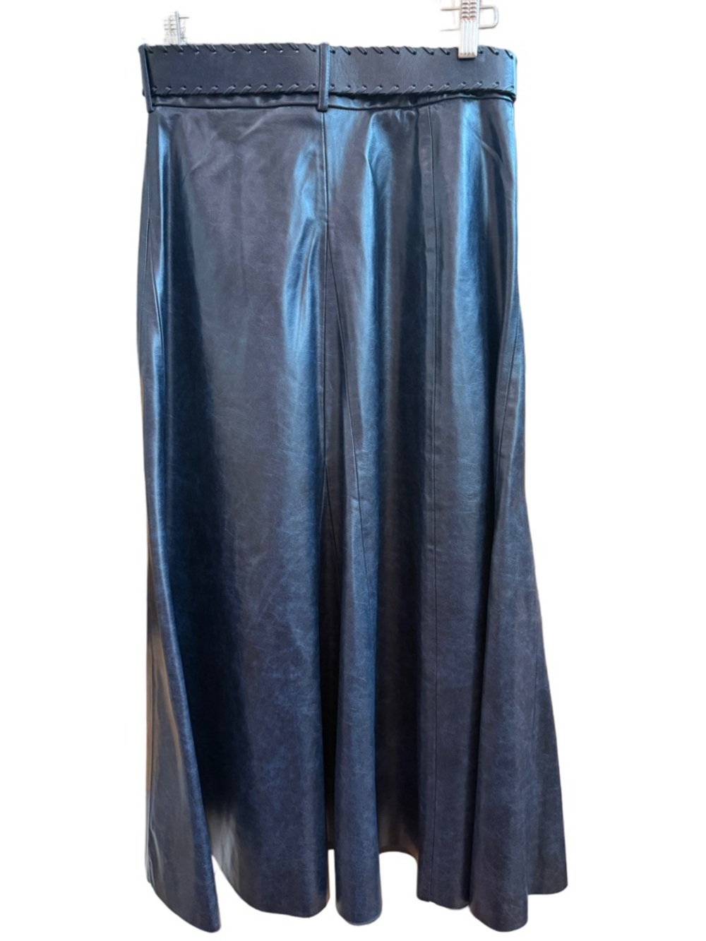 Zara Faux Leather Midi Skirt Navy High Waist Belted A-Line NWT Size S